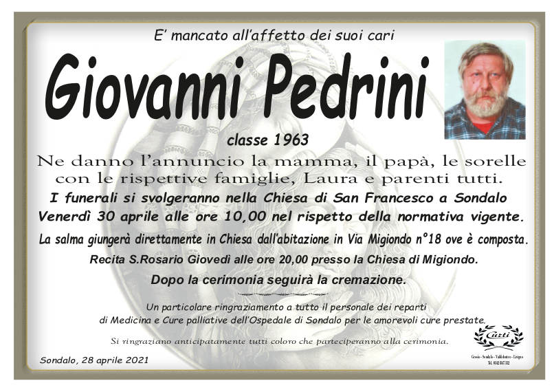 necrologio Pedrini Giovanni