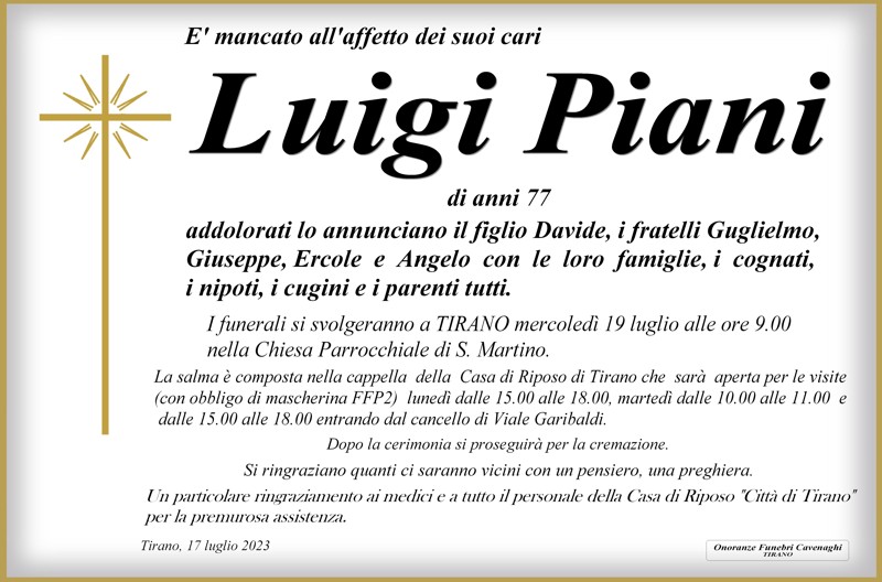 Necrologio Piani Luigi