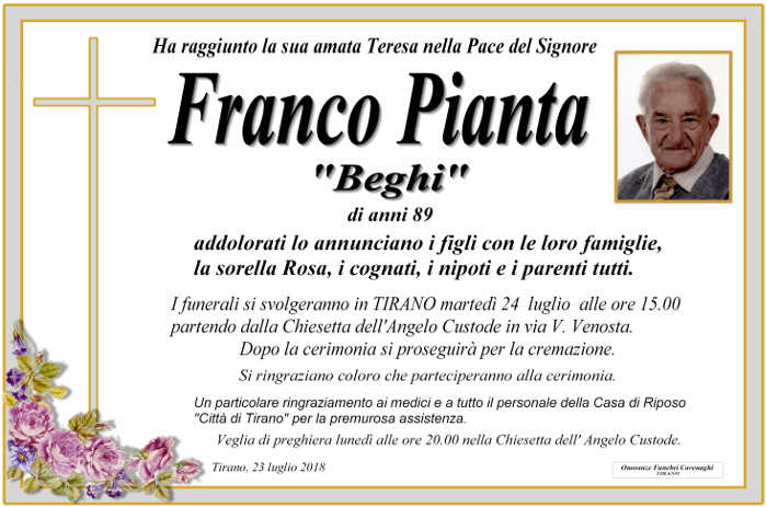 Necrologio Pianta Franco