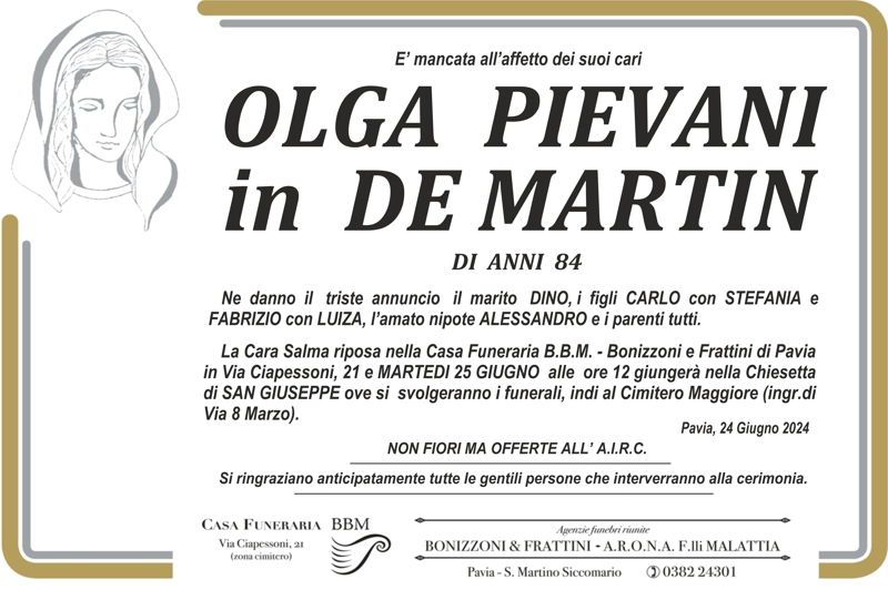 Necrologio Pievani Olga in De Martin