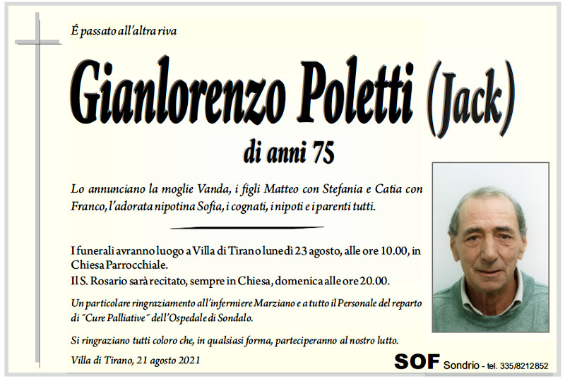 necrologio Poletti Gianlorenzo