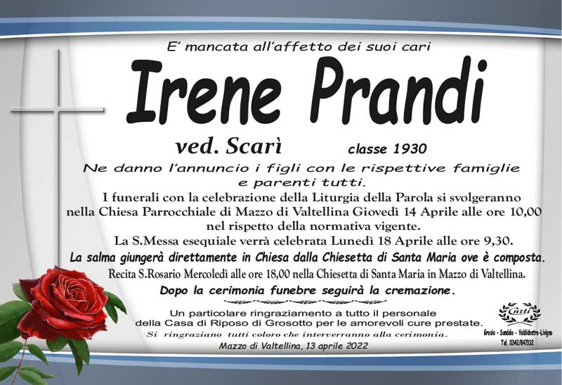 necrologio Prandi Irene