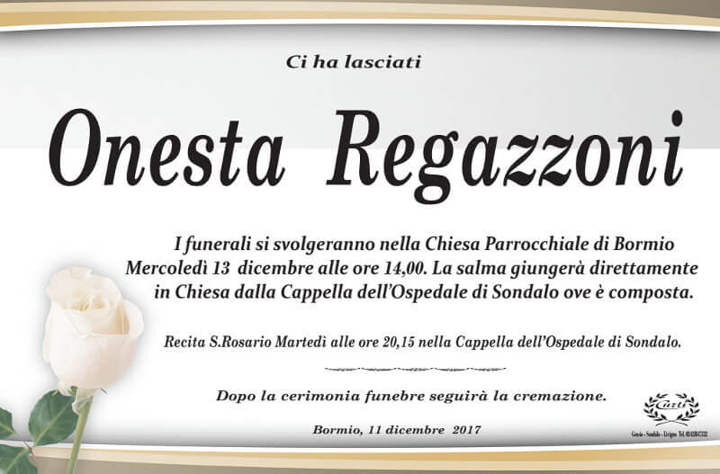 necrologio Regazzoni Onesta