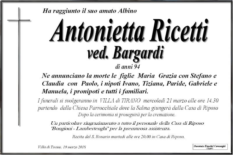 necrologio Ricetti Antonietta