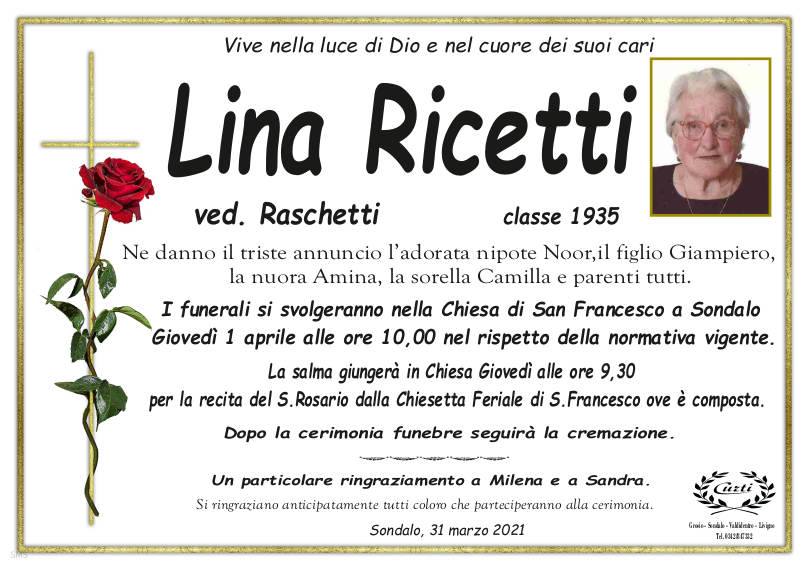 Ricetti Lina necrologio | INTORNO TIRANO