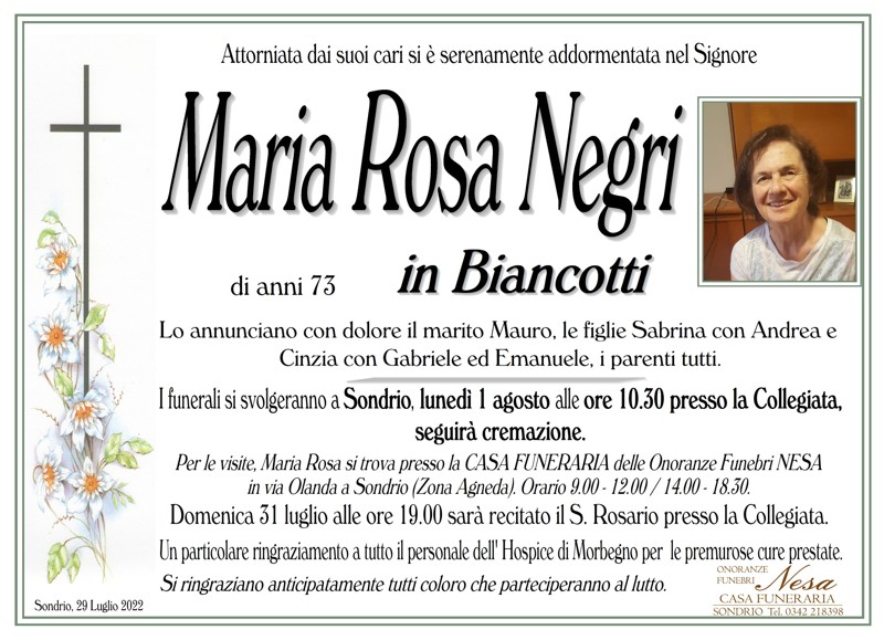 Necrologio Negri Maria Rosa