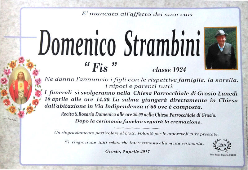 necrologio Strambini Domenico