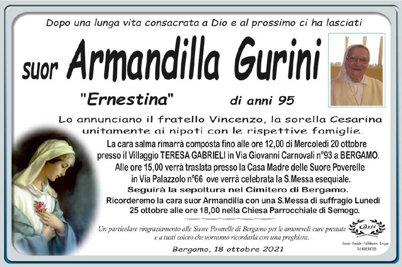 necrologio Suor Armandilla Gurini
