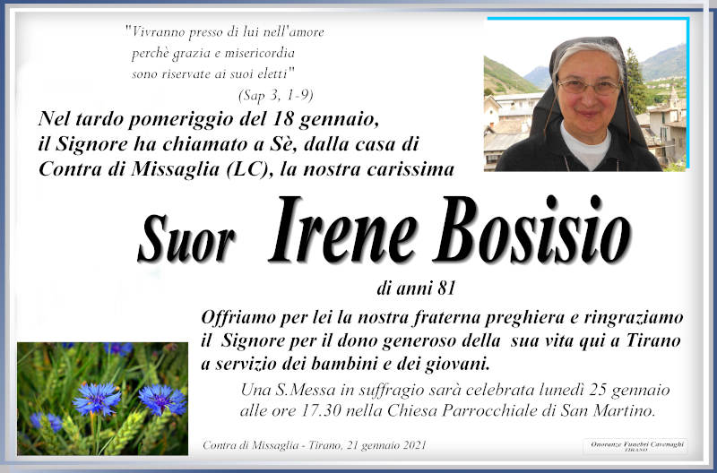 necrologio Suor Irene Bosisio