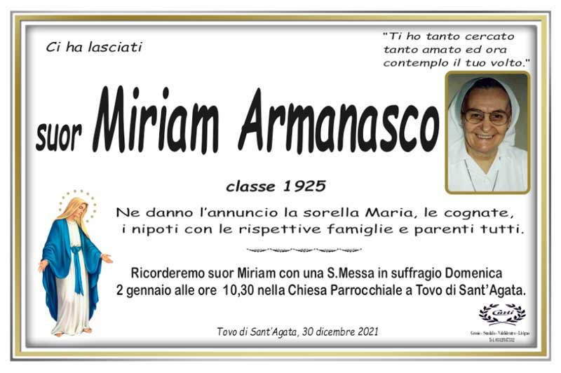 necrologio Suor Miriam Armanasco