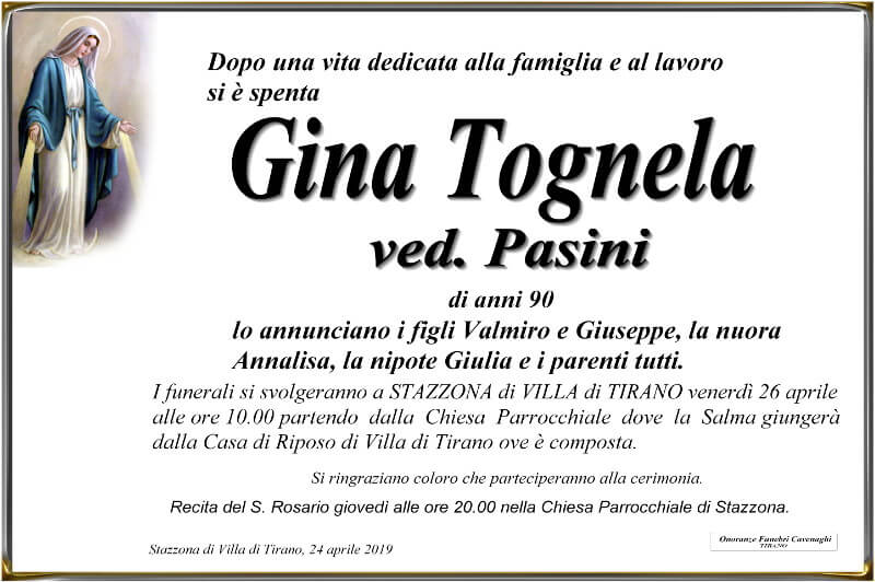 necrologio Tognela Gina