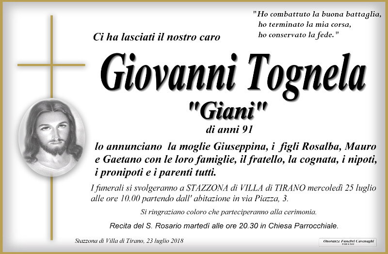 necrologio Tognela Giovanni