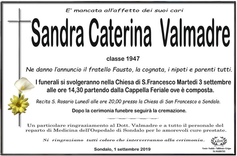necrologio Valmadre Sandra Caterina